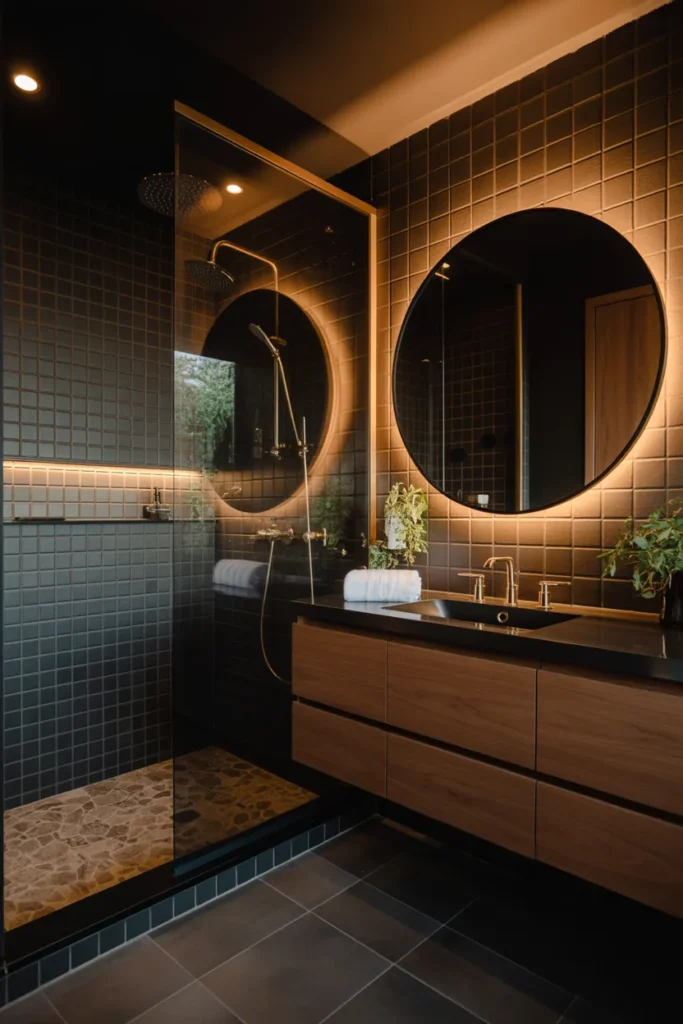 Black Tile Bathroom with Mixed Textures for a Sophisticated Designer Finish