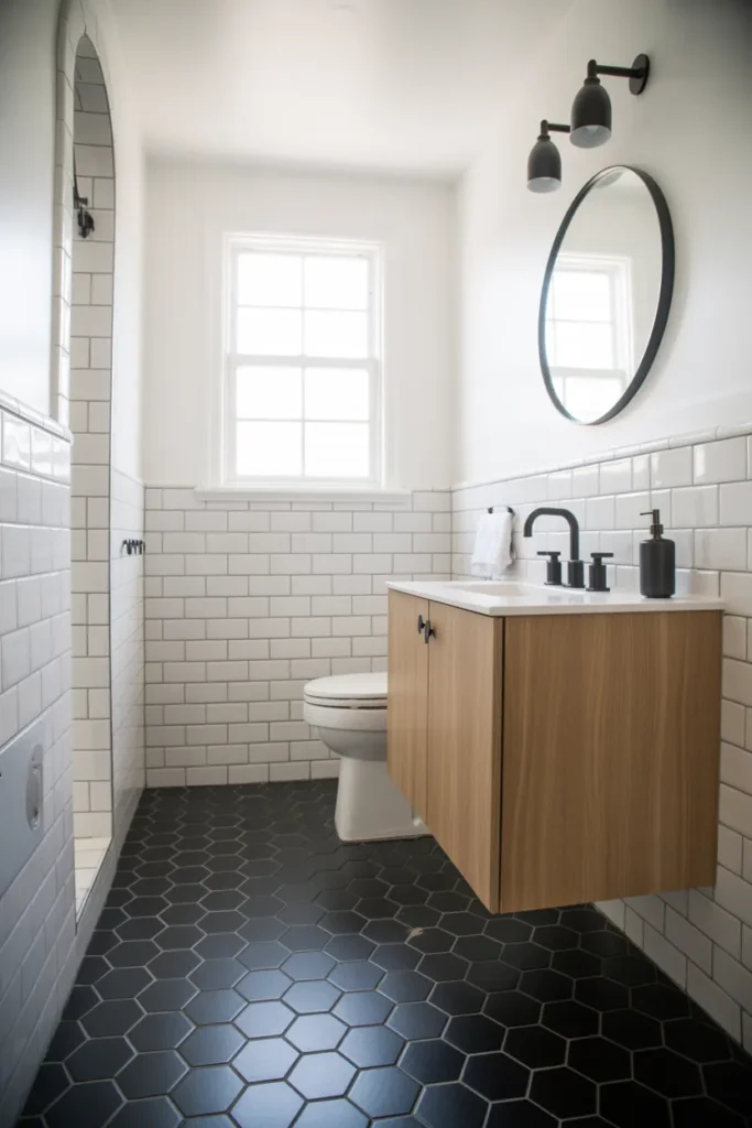 Black Hexagon Floor Tiles with Crisp White Walls