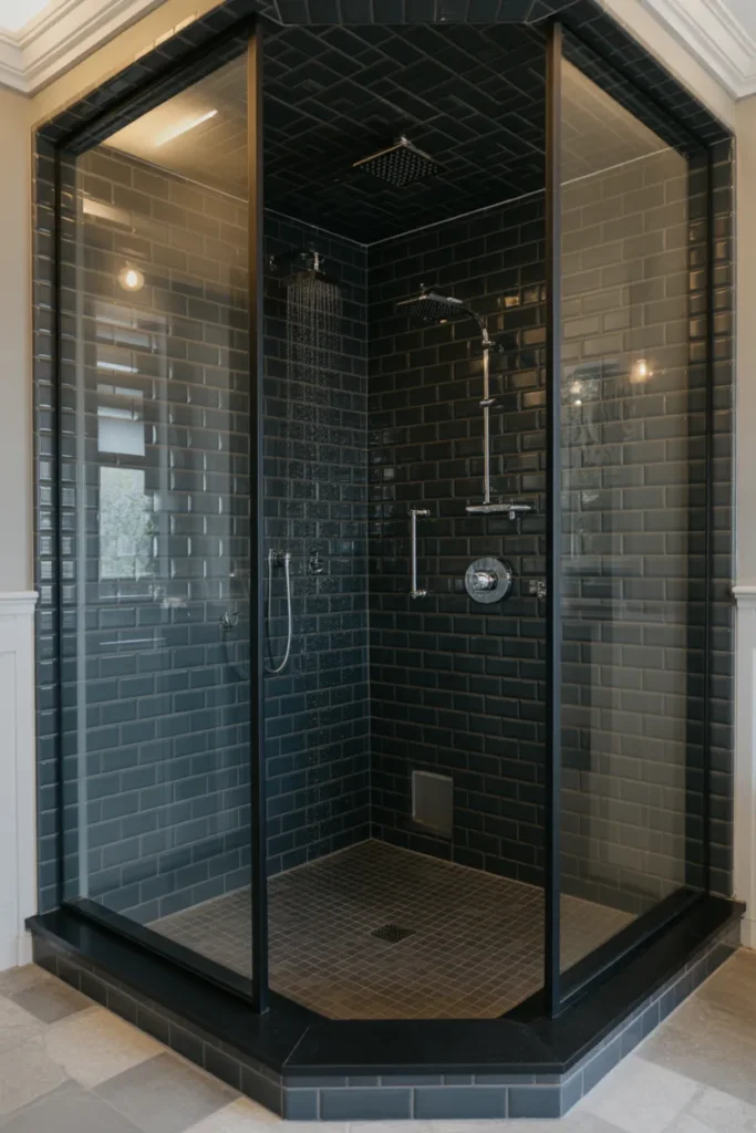   Elegant Black Subway Tile Shower with Glass Enclosure