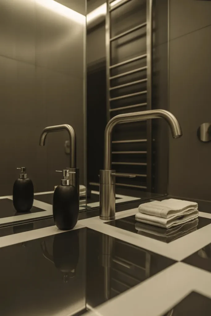 Black and Silver Geometric Floor Tile Bathroom