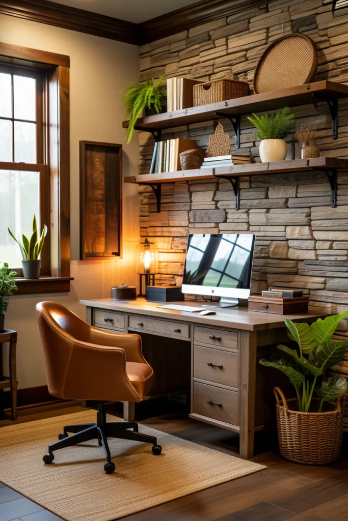  Rustic Office with Stone Accent Wall