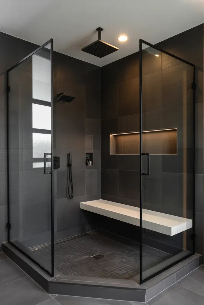  Sleek Black Walk-In Shower with Glass Enclosure