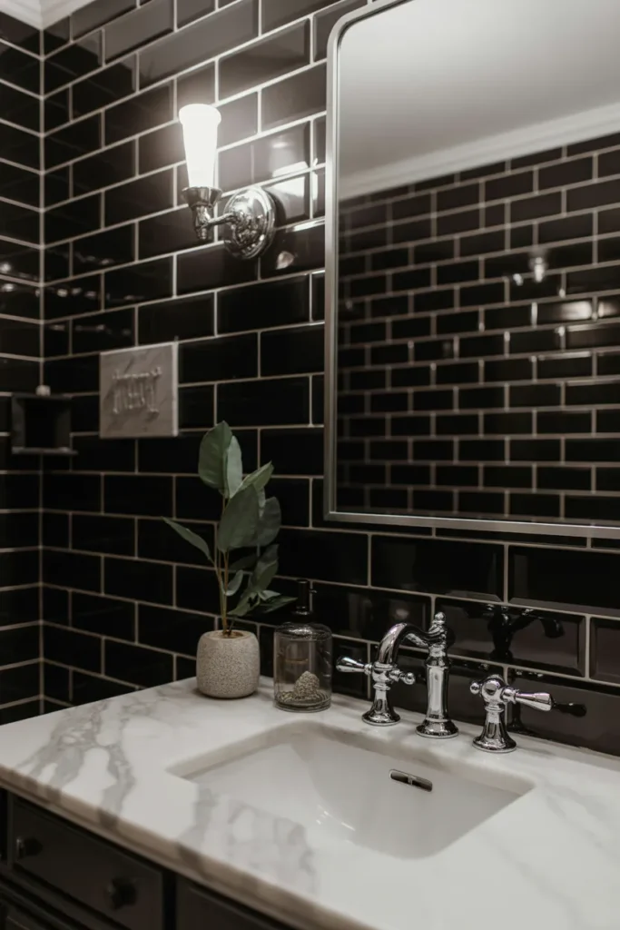   Stunning Black Subway Tile Bathroom with Marble Vanity