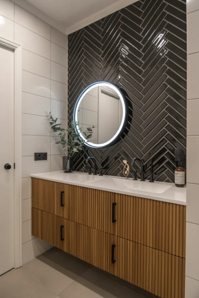 Black Herringbone Tile Accent Wall with Modern Character
