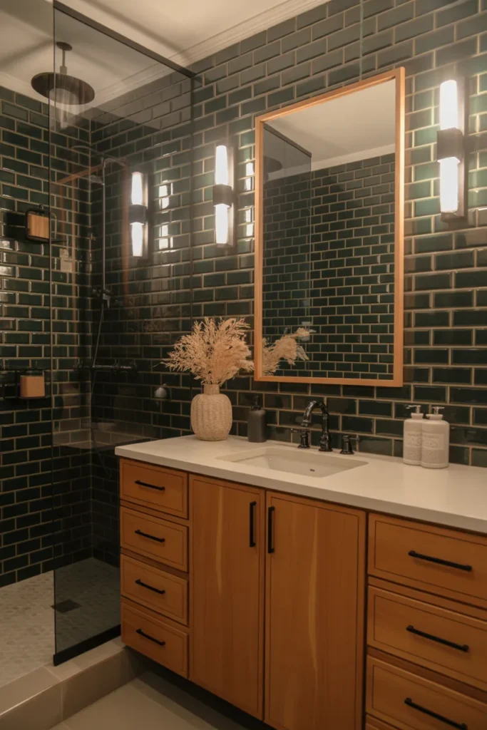  Chic Black Subway Tile Bathroom with Wooden Accents