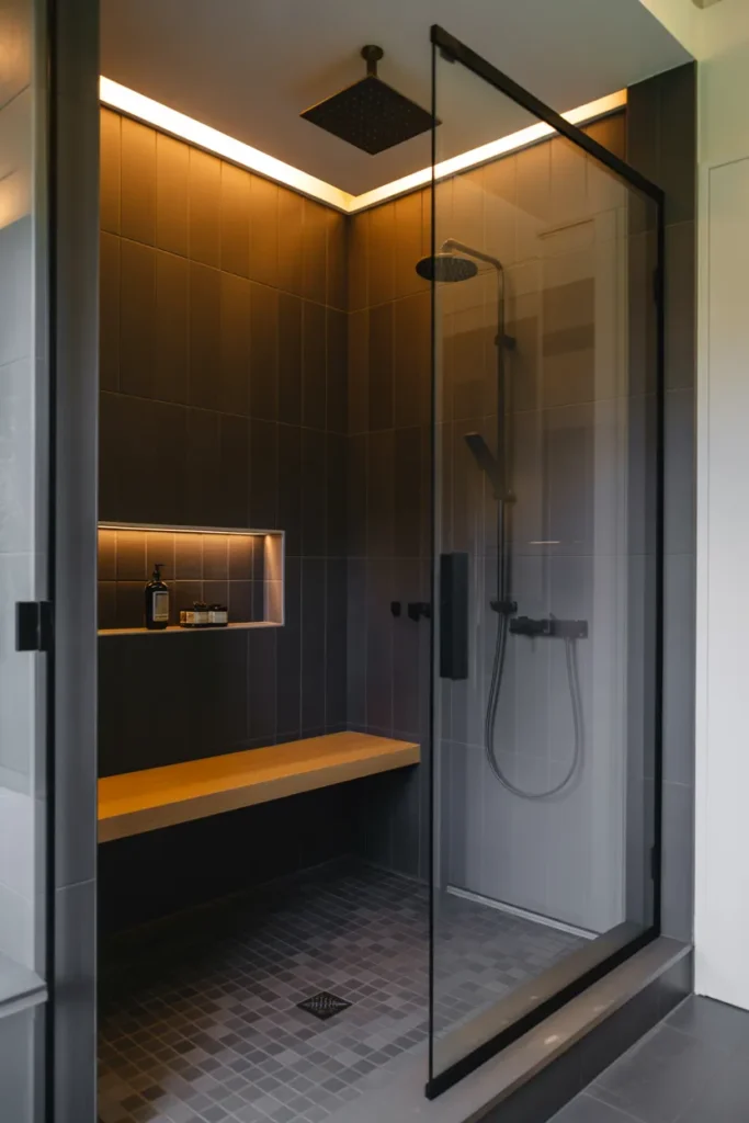 Black Tile Walk-In Shower with Frameless Glass Elegance