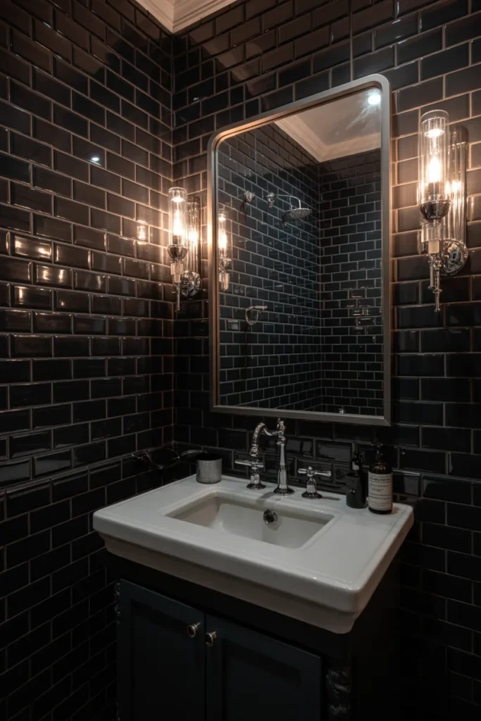  Sophisticated Black Subway Tile Powder Room Design