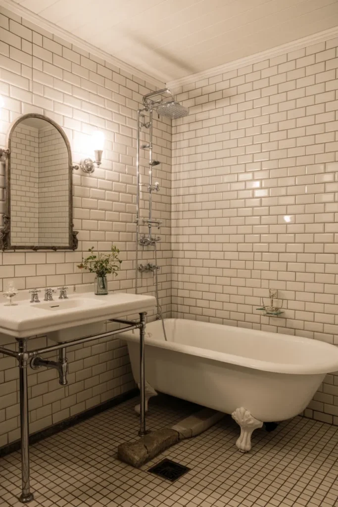  White Beveled Subway Tile Shower Walls