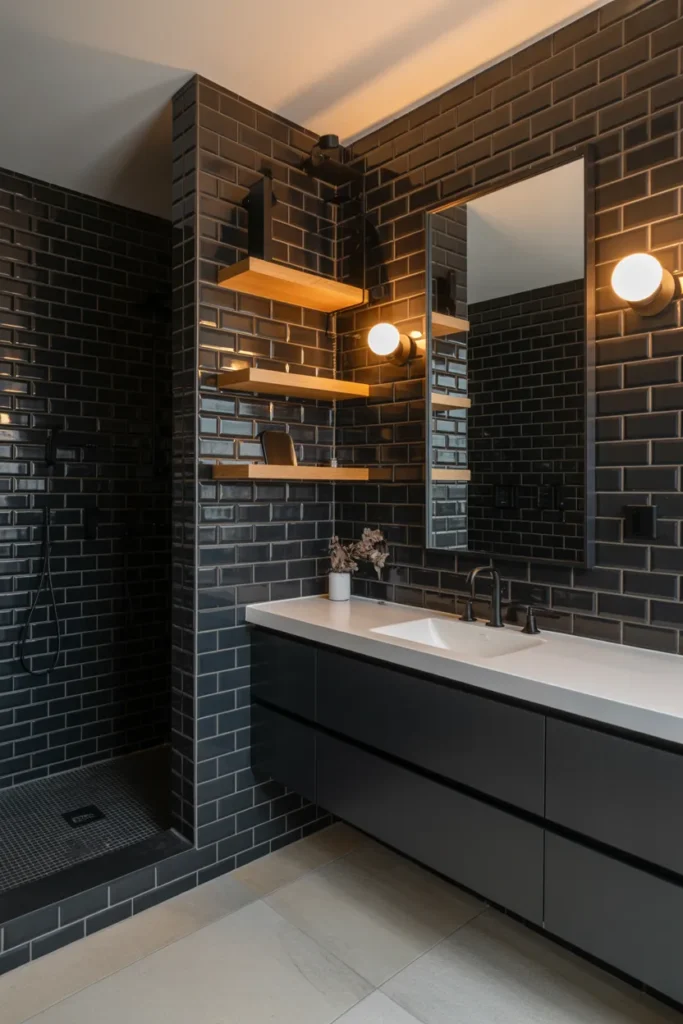  Black Subway Tile Bathroom with Modern Texture