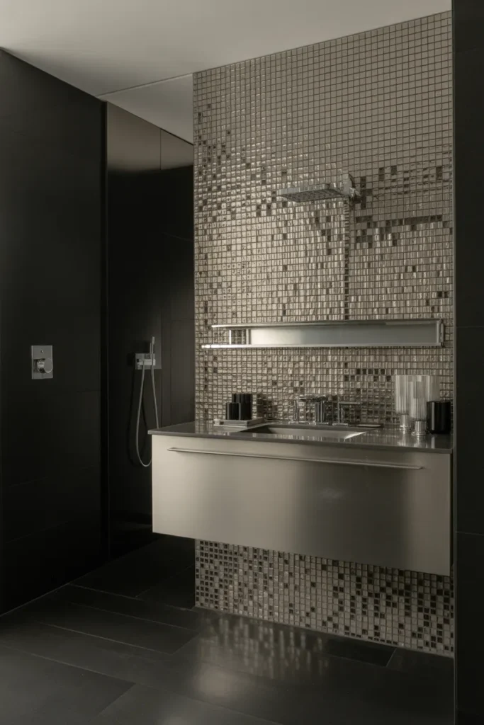   Black and Silver Mosaic Tile Accent Wall