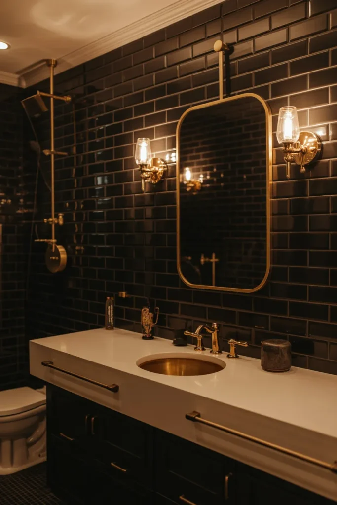  Elegant Black Subway Tile Bathroom with Brass Fixtures