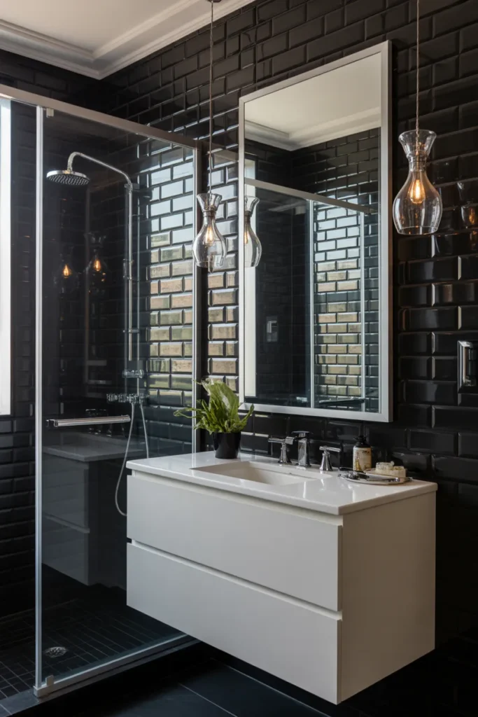 Glossy Black Tile Bathroom with Stunning Light Reflections