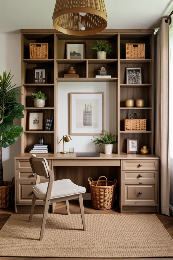  Rustic Office with Built-In Wooden Shelves