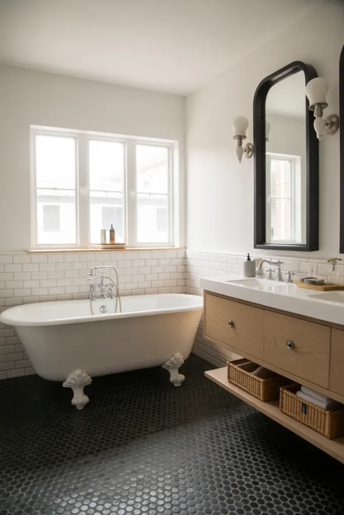 Black Penny Tile Flooring for Timeless Vintage Charm