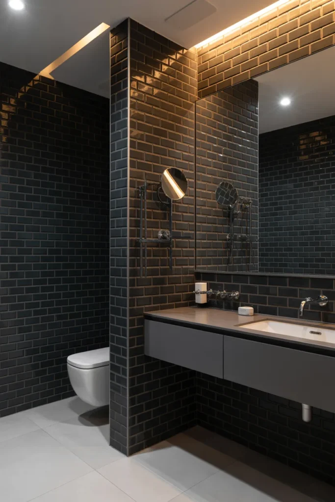  Contemporary Black Subway Tile Bathroom with Floating Vanity