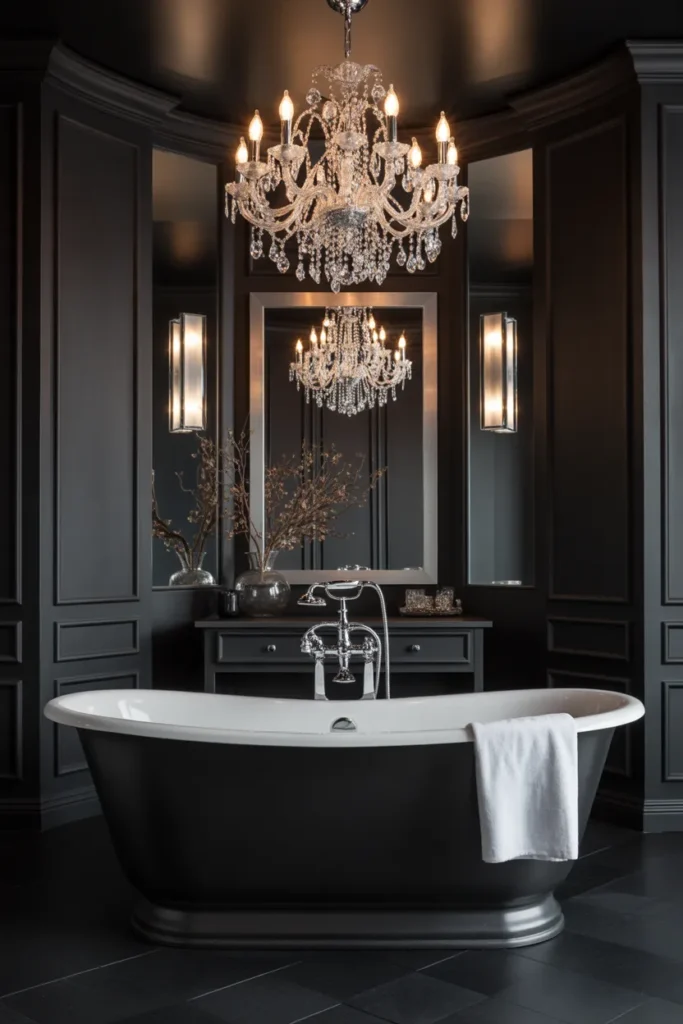  Luxury Black Bathroom with a Silver Chandelier