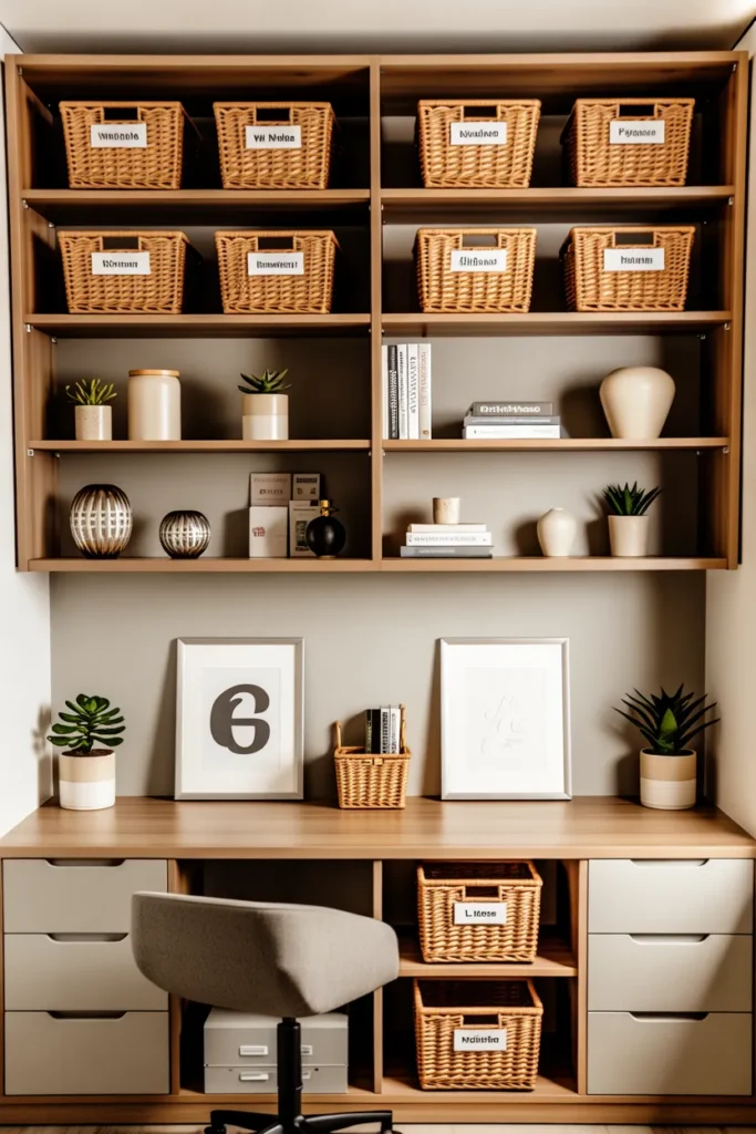   Warm Wood Shelving with Stylish Storage Baskets