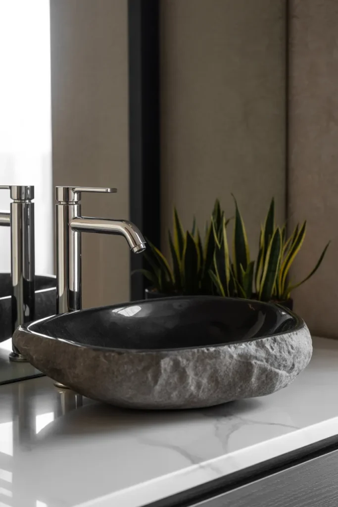  Black Stone Vessel Sink with Silver Faucet