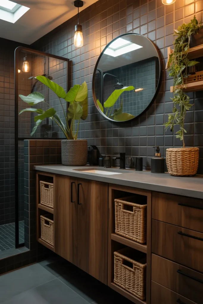 Black Tile Bathroom with Warm Wood and Natural Textures