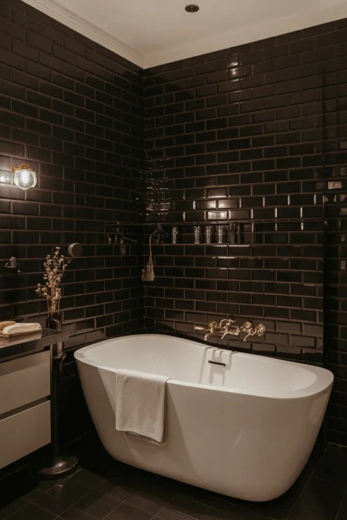   Luxury Black Subway Tile Bathroom with Freestanding Bathtub