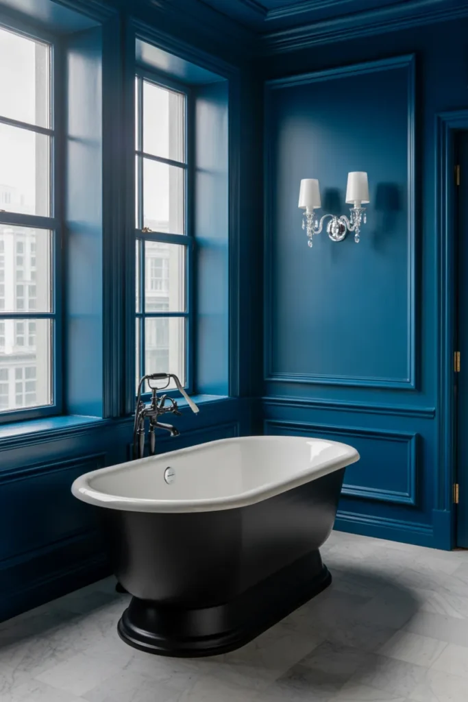 Black Freestanding Bathtub with Deep Blue Walls