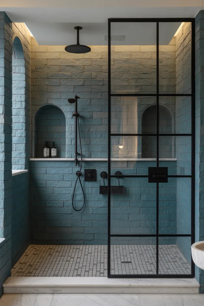 Black Grid Shower Screen with Blue Stone Tiles
