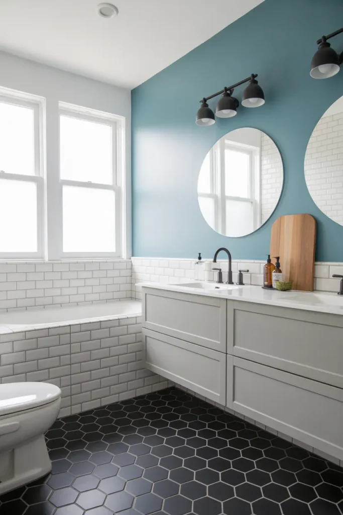 Black Hexagon Floor Tiles with Soft Blue Walls