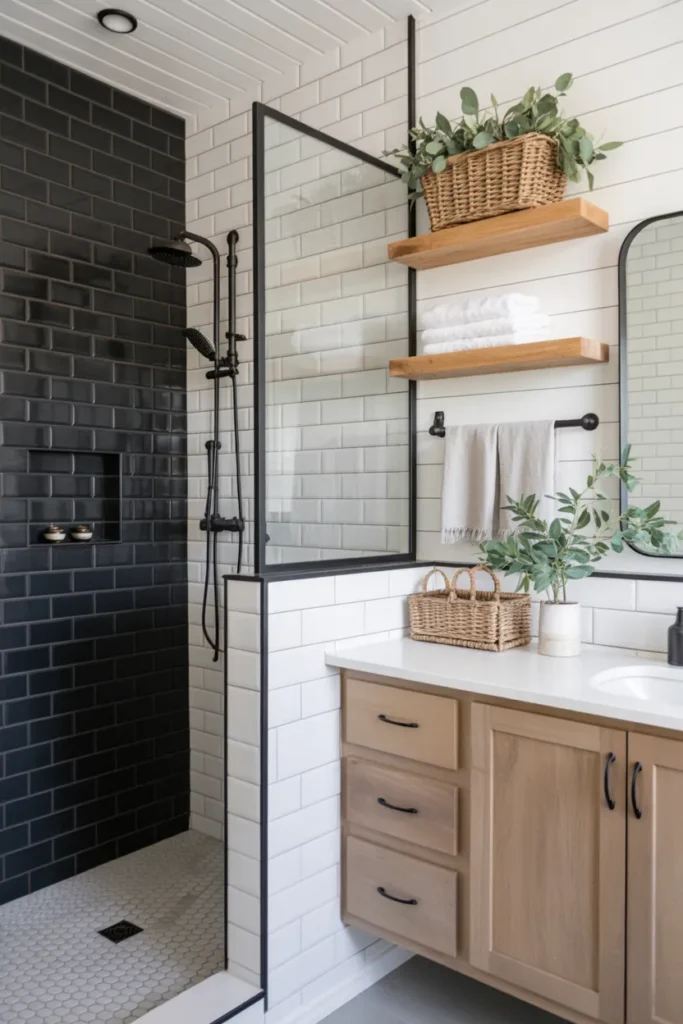 Black and White Tile Shower with Modern Farmhouse Style