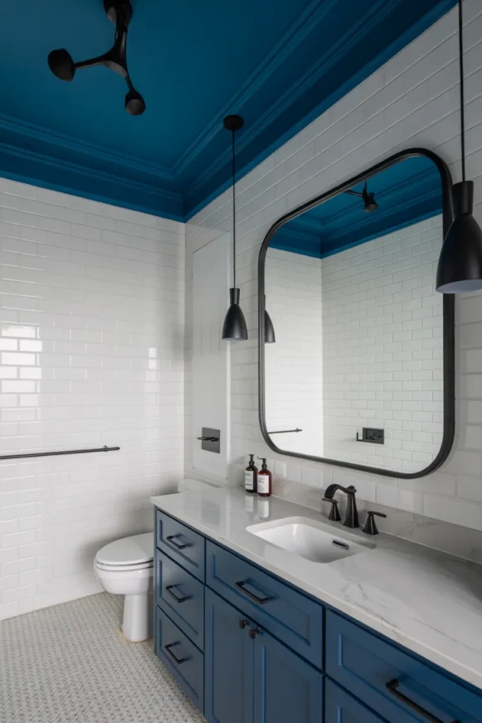Blue Ceiling with Black and White Bathroom Design