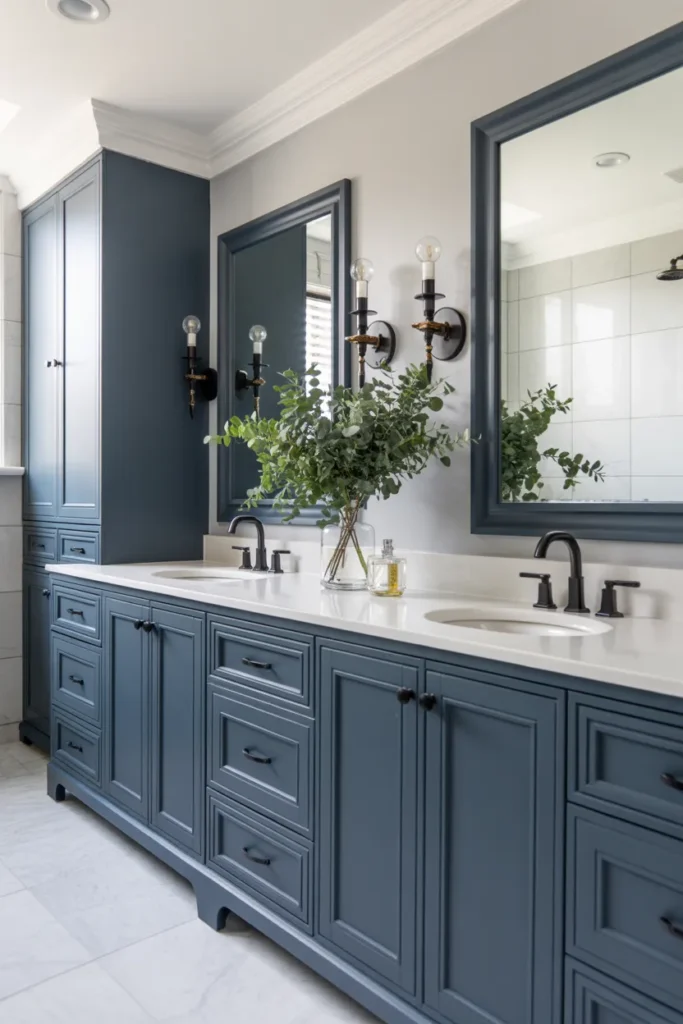 Blue Double Vanity with Black Framed Mirrors