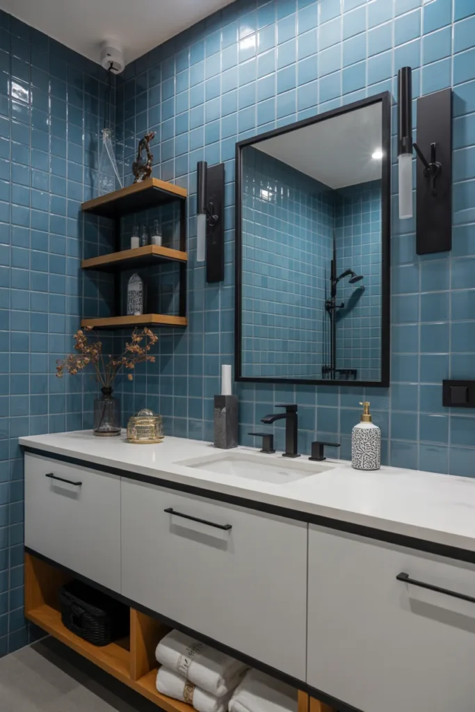 Blue Geometric Wall Tiles with Black Vanity Lighting