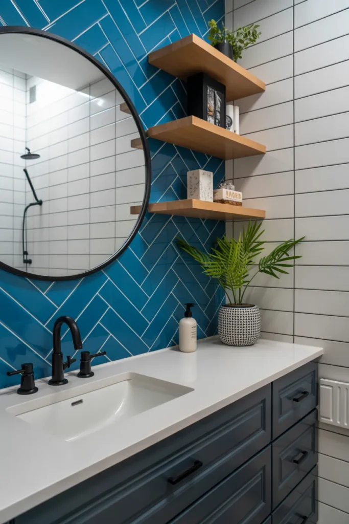 Blue Herringbone Tile Accent Wall with Black Vanity