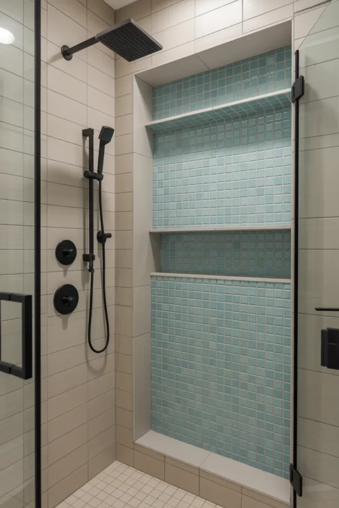 Blue Mosaic Shower Niche with Black Hardware