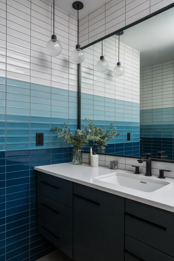Blue Ombre Tile Wall with Black Vanity