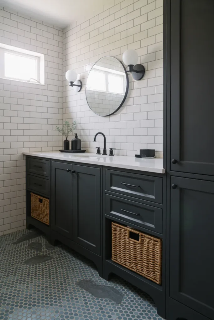 Blue Penny Tile Floor with Black Vanity