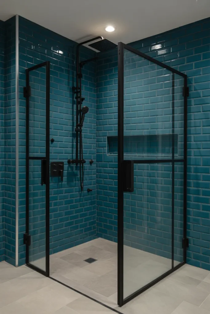 Blue Subway Tile Shower with Black Glass Doors