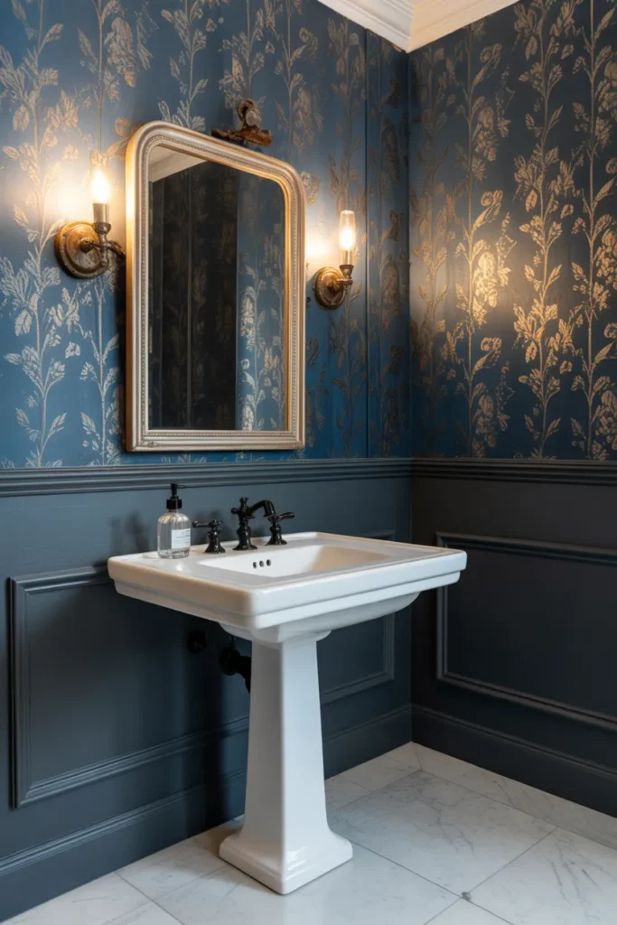 Blue Wallpaper with Black Wainscoting