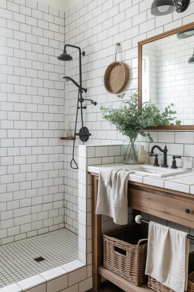 Checkerboard Tile Shower Floor with Vintage Farmhouse Charm
