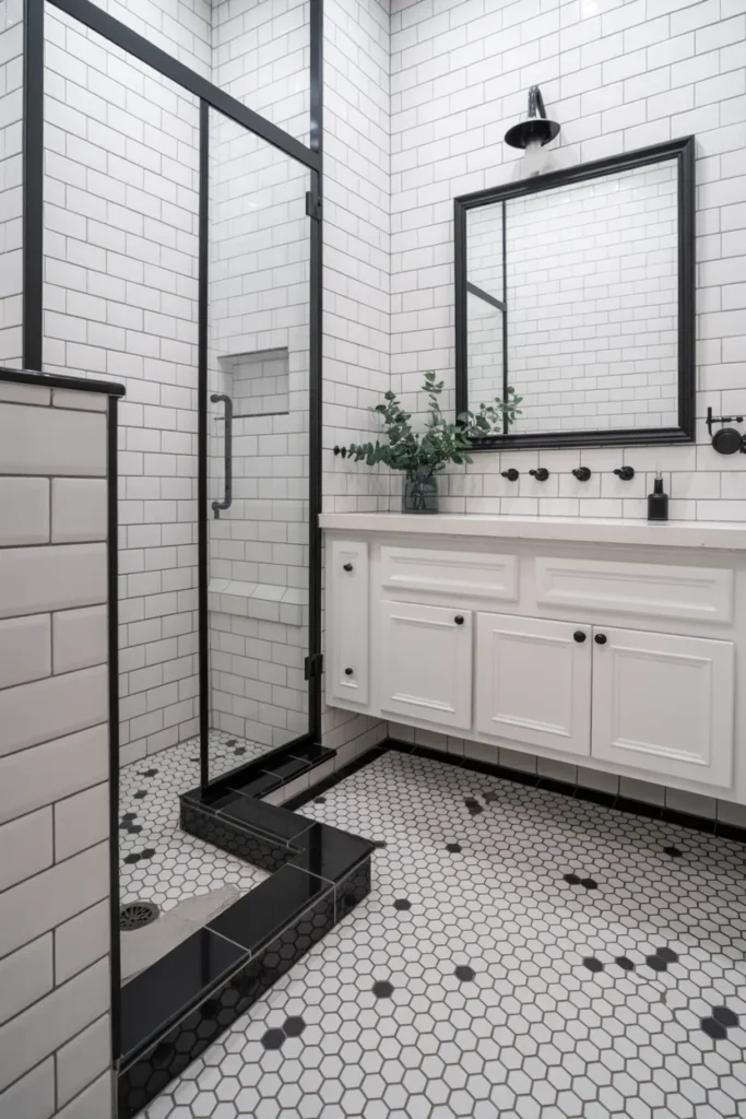 Classic White Hexagon Tiles with Black Grout Elegance