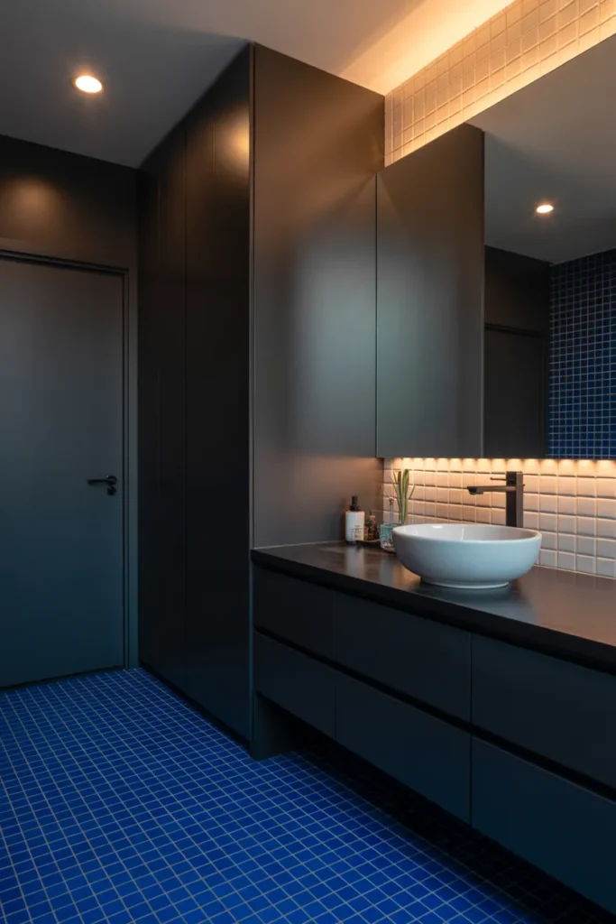 Cobalt Blue Floor Tiles with Black Cabinets