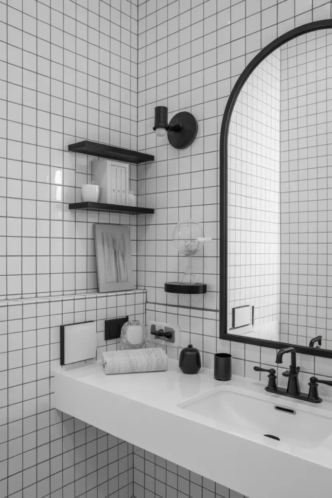 Contemporary White Tile Bathroom with Black-Framed Mirror Accents