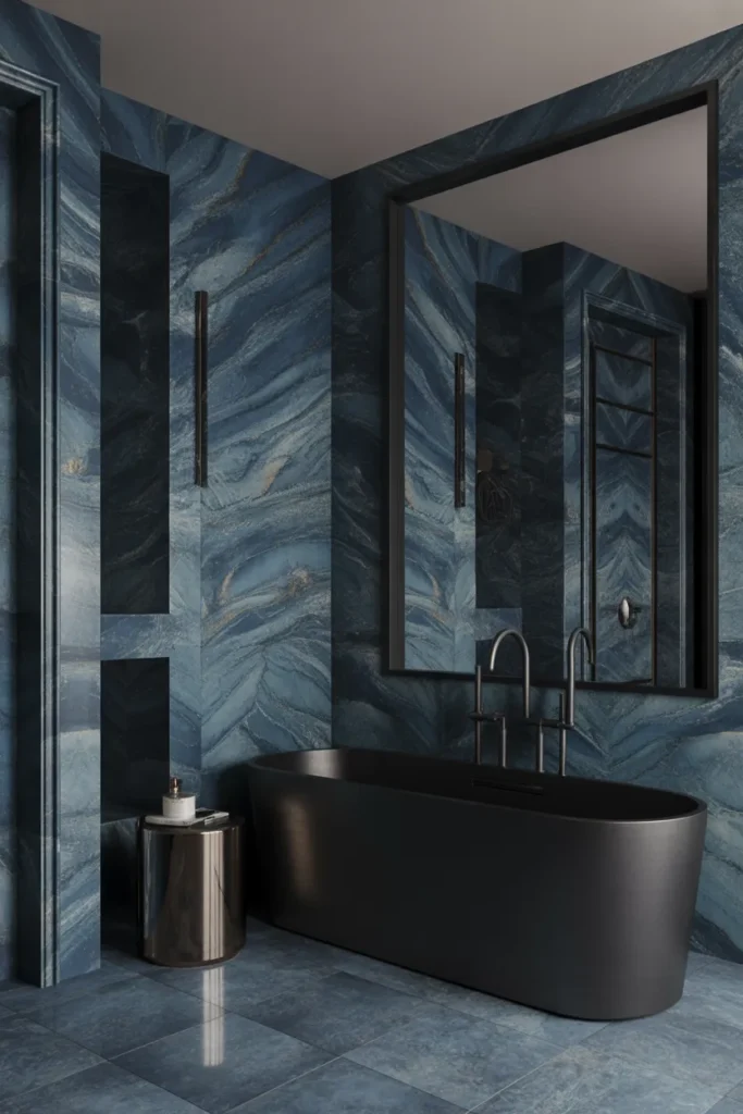 Dark Blue Marble Walls with Black Fixtures