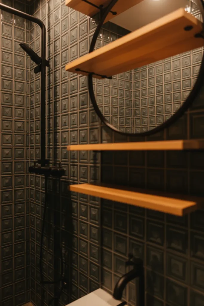 Elegant White Penny Tile Bathroom with Black Grout Details