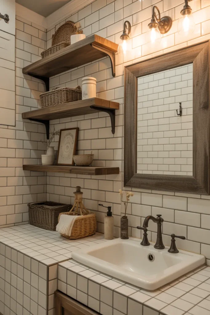 Farmhouse White Tile Bathroom with Black Grout Charm