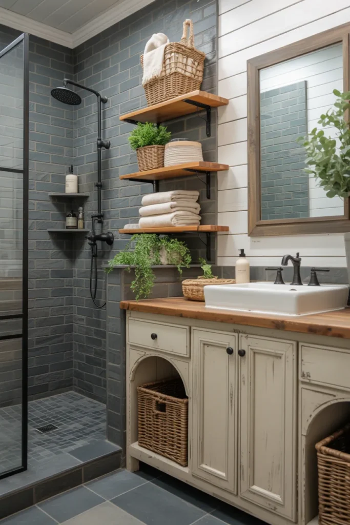 Gray Slate Tile Shower with Rustic Wood Accents