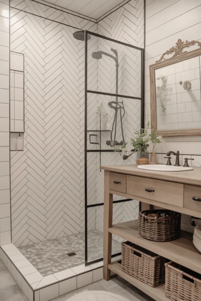 Herringbone Tile Shower Accent Wall for Elegant Farmhouse Appeal