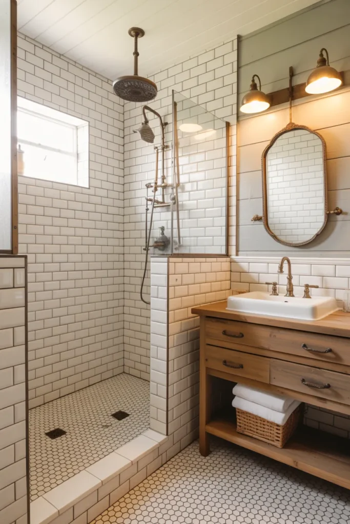 Hexagon Floor Tile Shower with Vintage Farmhouse Style