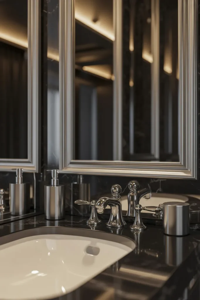 Luxe Black Marble Vanity with Silver Accents