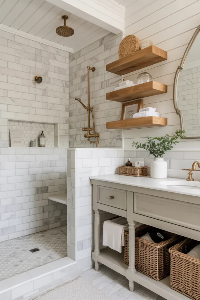 Marble Look Tile Shower with Rustic Farmhouse Details