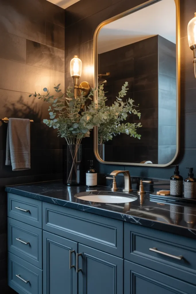 Midnight Blue Vanity with Black Marble Countertop